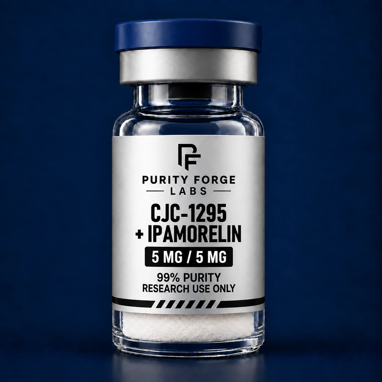 CJC-1295 (without DAC) + Ipamorelin 5 mg / 5 mg research-use vial with silver Purity Forge Labs label